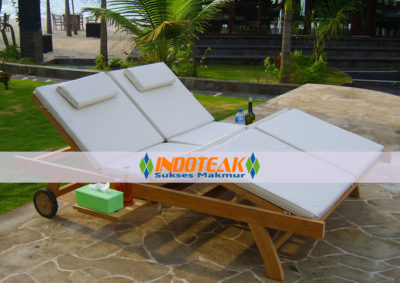 Teak double sun lounger with cushions for outdoor garden and patio furniture