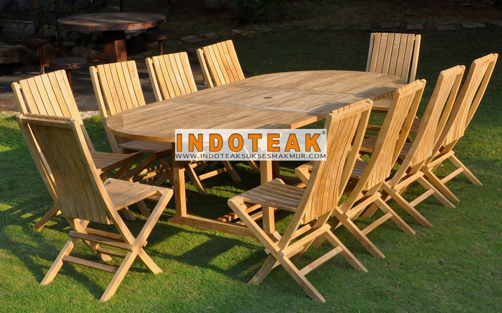 Premium Teak Outdoor Dining Set – Oval Extending Table with 10 Miami Folding Chairs | SVLK Certified