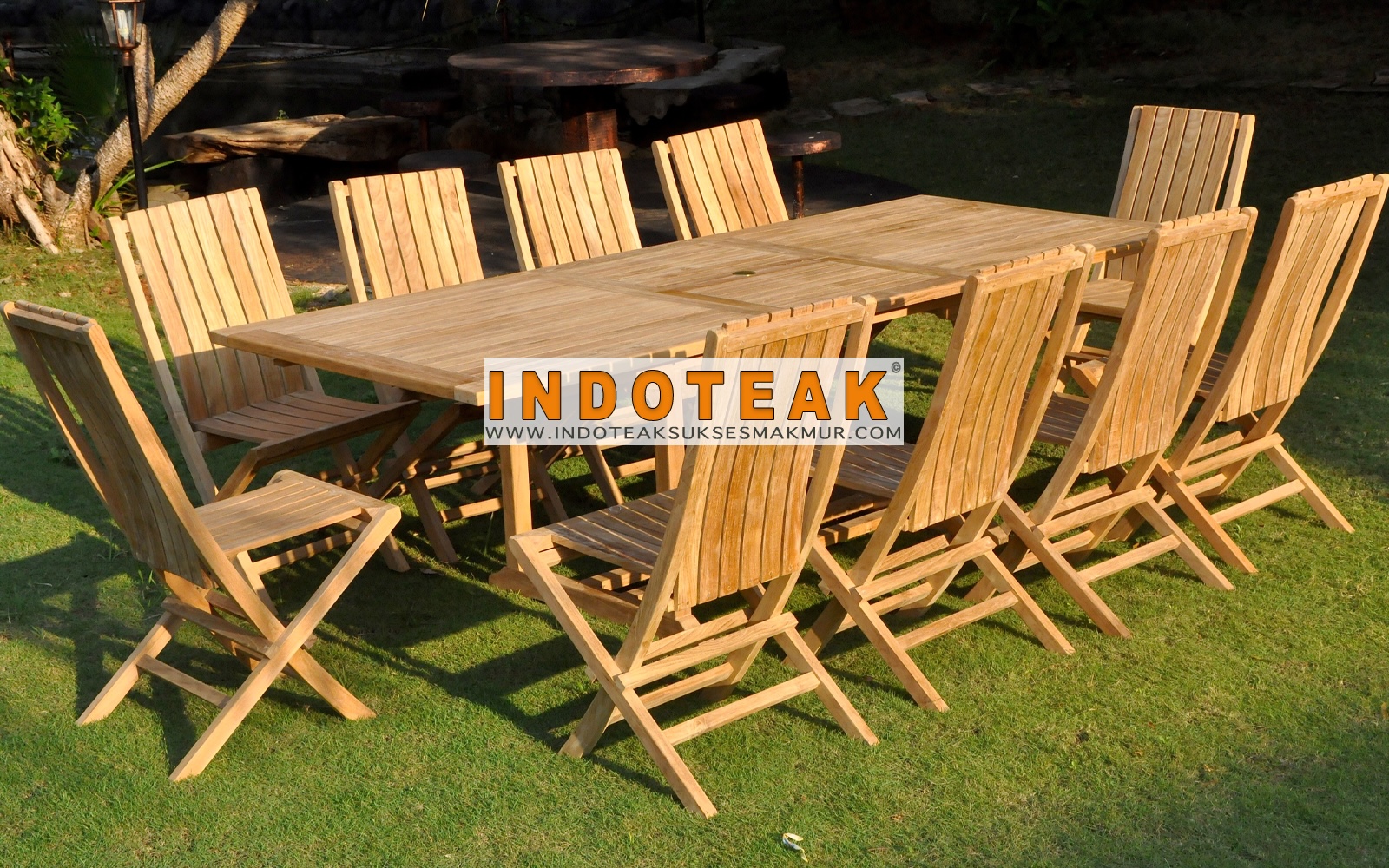 Premium Teak Garden Dining Set – Rectangular Extending Table with 10 Folding Chairs | SVLK Certified